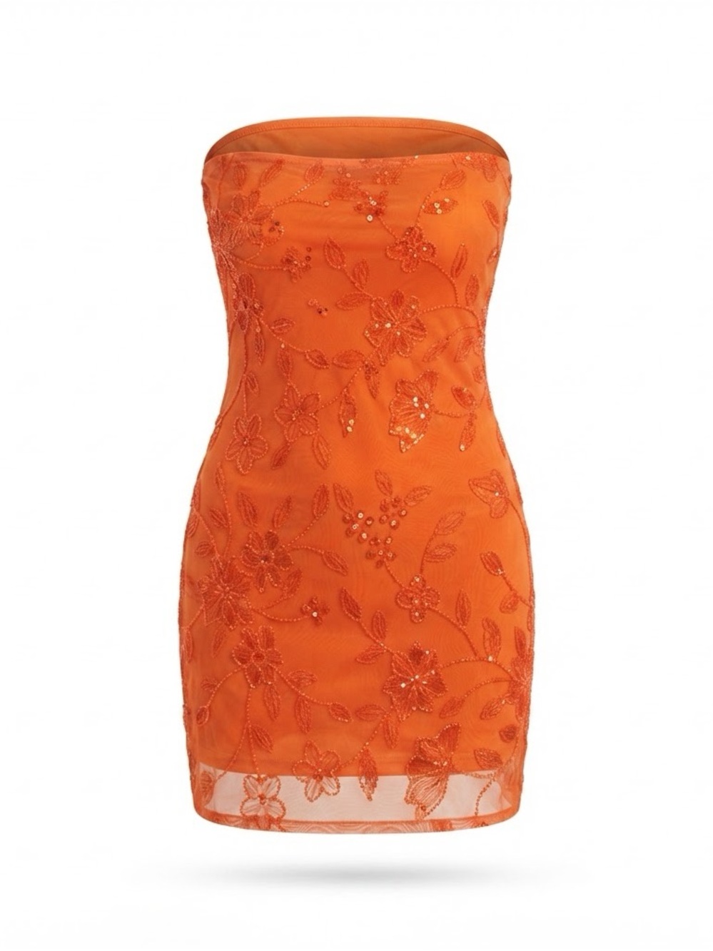 Strapless Orange Floral Beaded Mini Dress